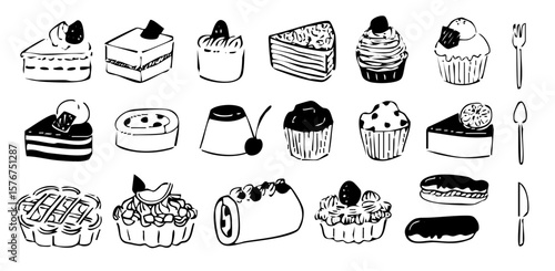 ケーキやアイスなどのスイーツを描いた手描き風線画イラストセット（お菓子 デザート ベクター）