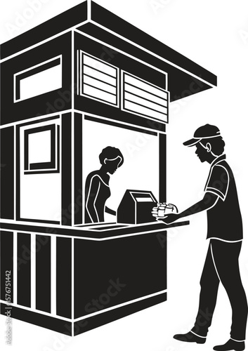 Silhouette vector of a food stall vendor handing an item to a customer. Ideal for street food, small business, outdoor market, or entrepreneurship themes. black clipart  isolated on transparent 