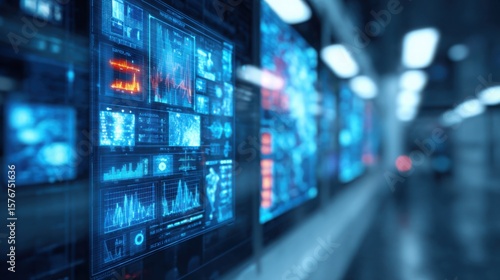 Futuristic technology data analysis screen interface monitoring control room graphs
