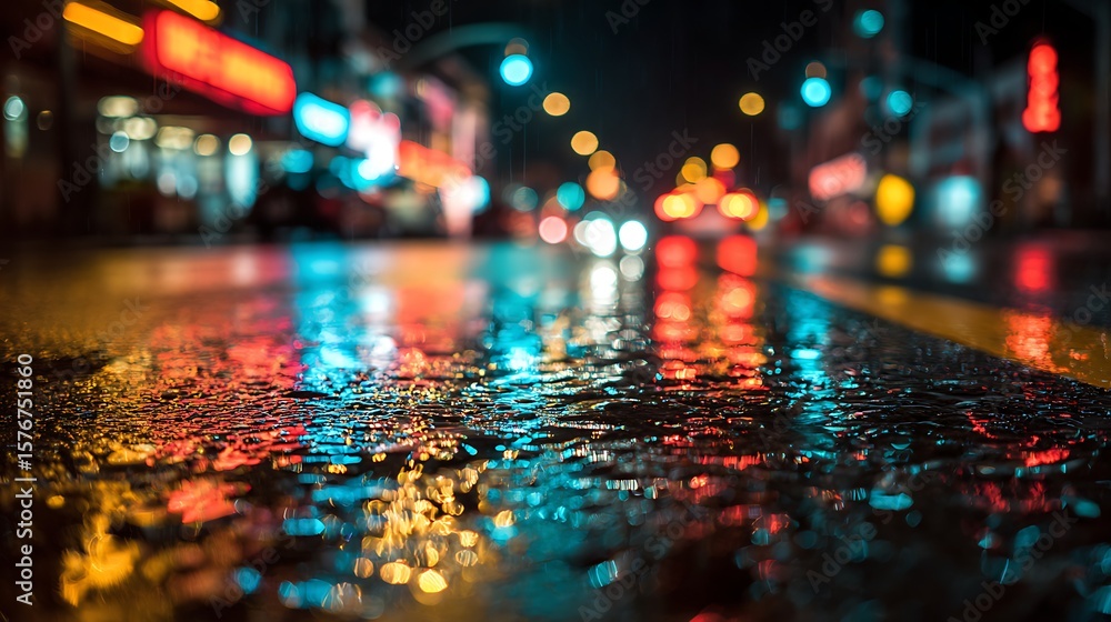 Wet City Street Reflections Neon Lights and Blurred Traffic on a Rainy Night Wet City Street Reflections Neon Lights and Blurred Traffic on a Rainy Night