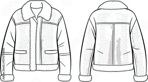 Shearling bomber jacket fashion flat sketch, front and back view, fleece collar winter coat, technical drawing, vector illustration design