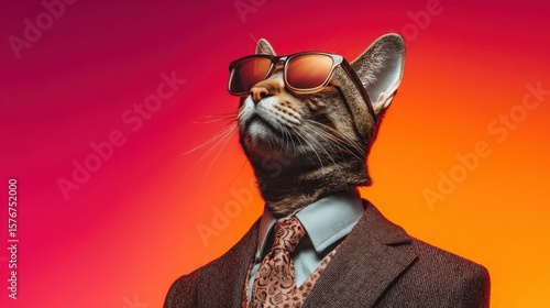Confident Anthropomorphic Cat Businessman in Dapper Suit Sunglasses Portrait
