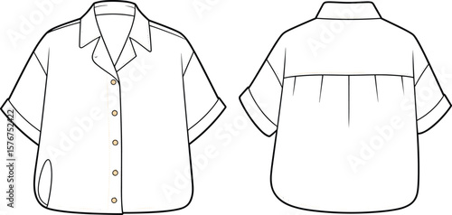 Short sleeve casual button up shirt flat fashion illustration, front and back technical sketch template for apparel design presentation