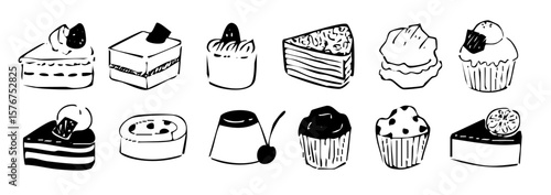 ケーキやアイスなどのスイーツを描いた手描き風線画イラストセット（お菓子 デザート ベクター）
