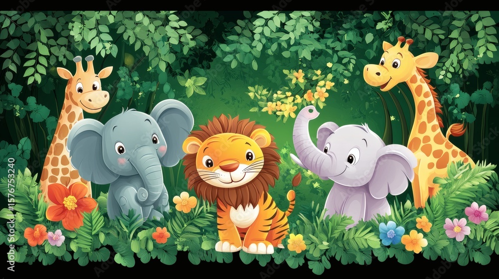 Naklejka premium Cheerful cartoon giraffe elephants and lion in a green forest