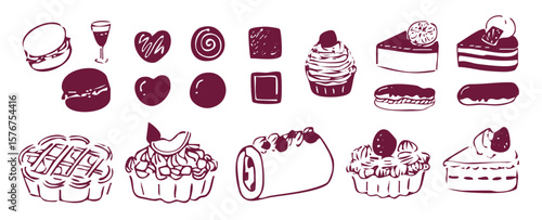 ケーキやアイスなどのスイーツを描いた手描き風線画イラストセット（お菓子 デザート ベクター）