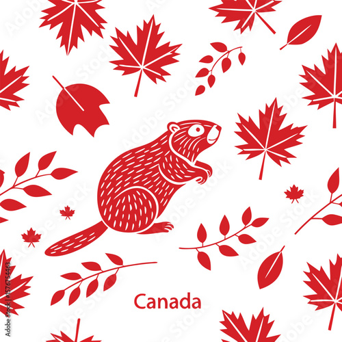 canada beaver maple leaf pattern red illustration