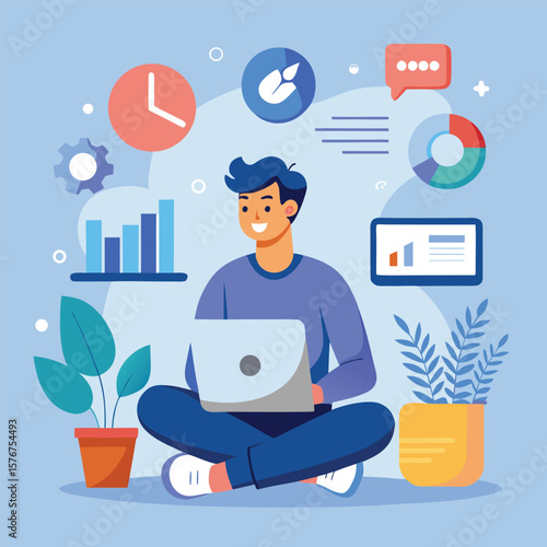 Freelance graphic designer concentrating on work with laptop and analytics dashboard with charts and progress reports
