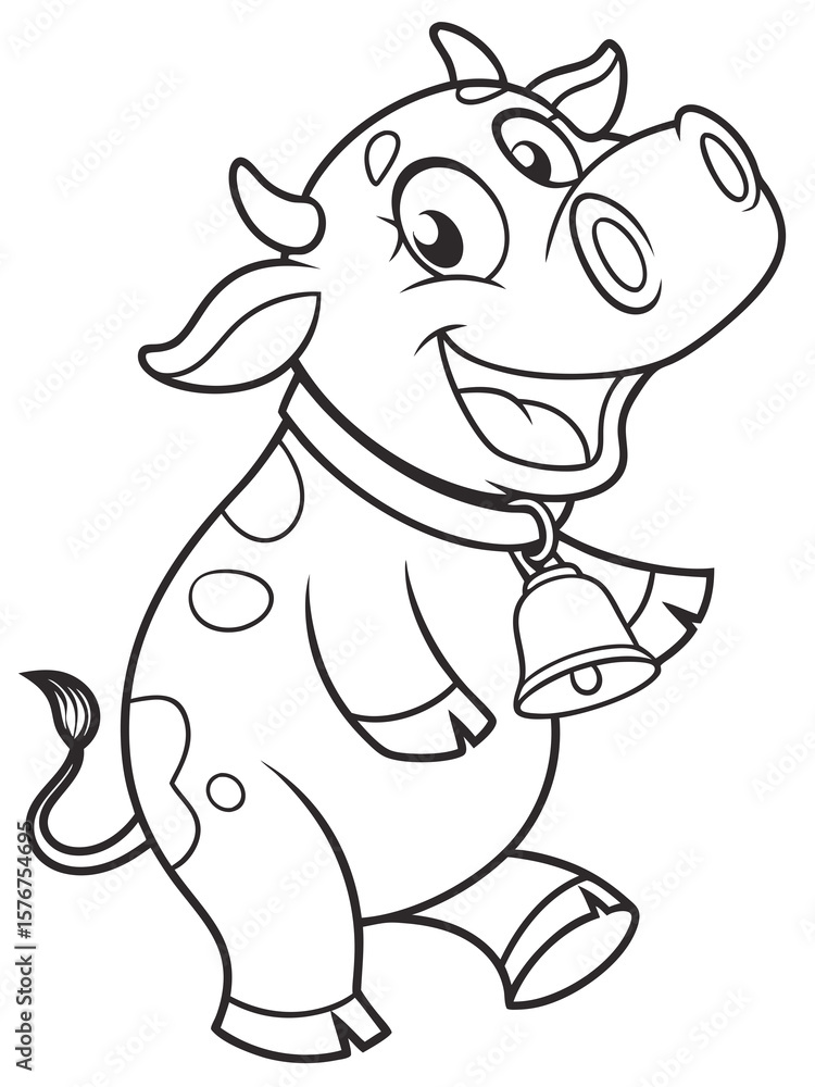 Fototapeta premium A happy cartoon cow with a bell around its neck and big friendly eyes. Line art only, very easy and fun to color for kids