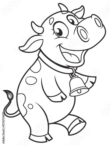 A happy cartoon cow with a bell around its neck and big friendly eyes. Line art only, very easy and fun to color for kids