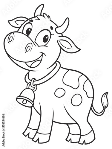 A happy cartoon cow with a bell around its neck and big friendly eyes. Line art only, very easy and fun to color for kids