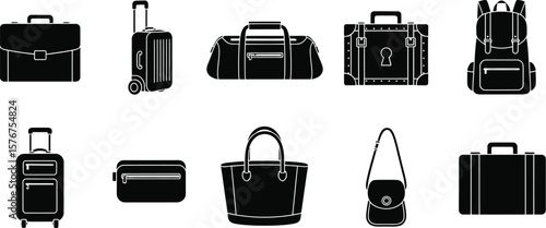 Illustration of various types of bags and luggage in black silhouette