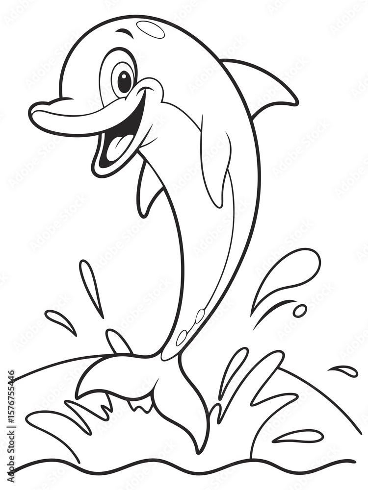 Obraz premium A happy cartoon dolphin jumping out of the water with a big smile. Simple black-and-white line art, perfect for ocean-themed coloring pages