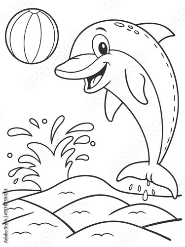 A happy cartoon dolphin jumping out of the water with a big smile. Simple black-and-white line art, perfect for ocean-themed coloring pages