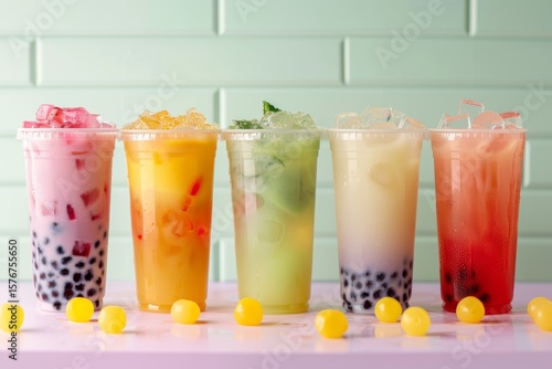 Row of colorful bubble tea drinks on pastel table