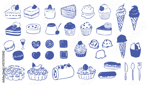 ケーキやアイスなどのスイーツを描いた手描き風線画イラストセット（お菓子 デザート ベクター）