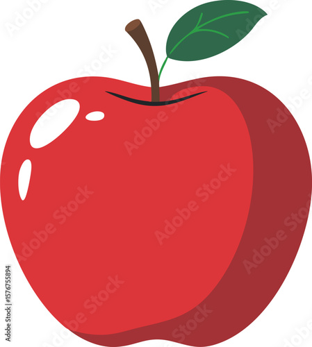 A Vibrant Red Apple Vector Illustration with Glossy Highlights and a Fresh Green Leaf on a Transparent Backdrop, Perfect for Educational and Culinary Designs