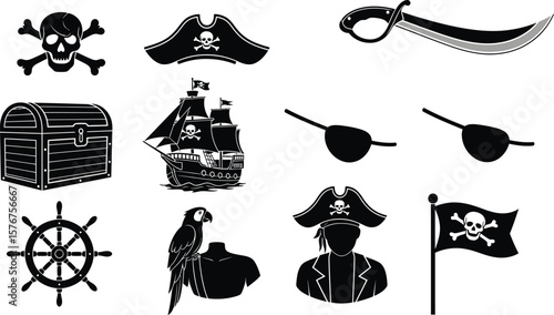 A collection of black and white pirate themed vector graphics icons