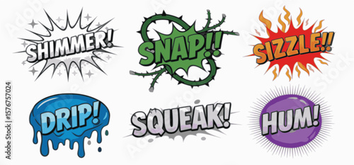 A collection of various comic book sound effect words, including "DRIP," "SQUEAK," and "HUM".