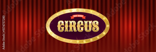 Horizontal circus banner with deep red curtain and golden emblem, ideal for online headers or web event banners. Vector illustration