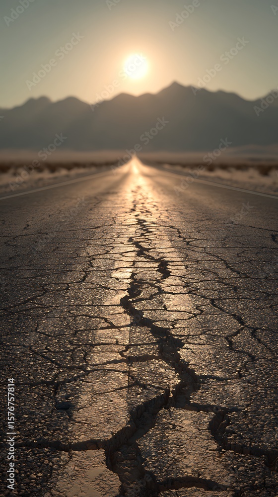 Fototapeta premium Cracked Road Leading to Mountains at Sunset Reflecting the Sun's Rays on the Asphalt