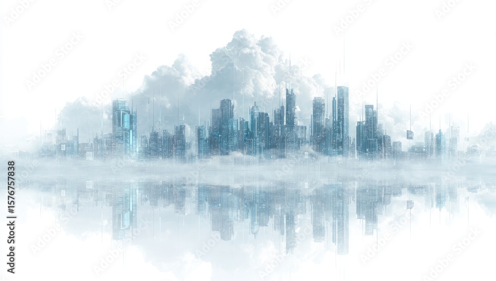 Obraz premium City skyline reflected on a misty cloud layer
