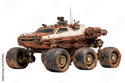Rusty, six wheeled vehicle in a desolate landscape.