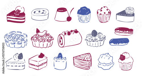 ケーキやアイスなどのスイーツを描いた手描き風線画イラストセット（お菓子 デザート ベクター）