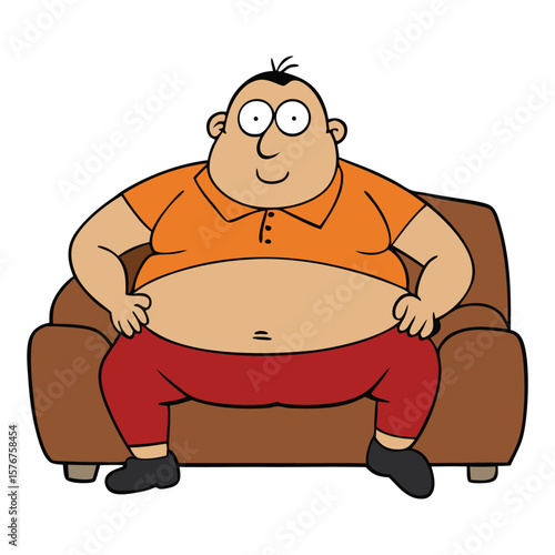 Overweight slob man slouched on couch, belly out, messy clothes, snacks in hand, blank stare at TV, embodying lazy couch potato lifestyle in a cluttered living room.

