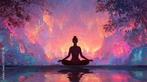 Woman Meditating Yoga Pose Peaceful Mystical Fantasy Nature Sunset