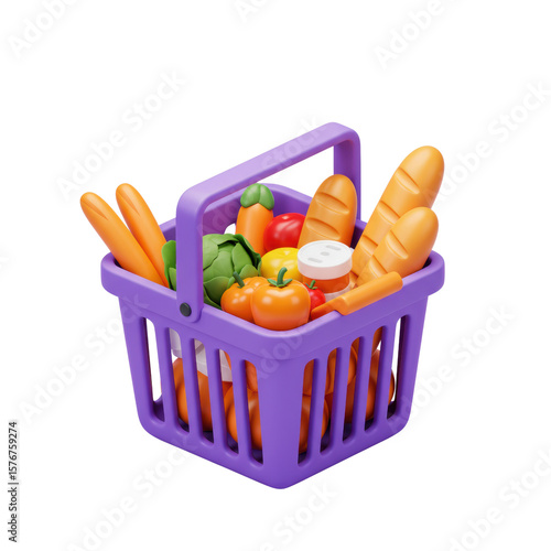 A small, purple shopping basket filled with various colorful fruits and vegetables, and bread rolls. isolated on a transparent background, png, cutout
