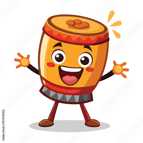 Cartoon drum with a happy expression, arms raised