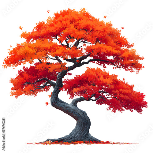 Vibrant Autumnal Tree with Twisted Trunk and Falling Leaves Artwork.
