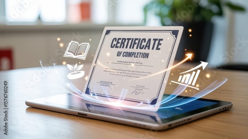 Minimalist digital concept of a certificate emerging from a glowing tablet, with icons of knowledge and growth, symbolizing online learning and development.