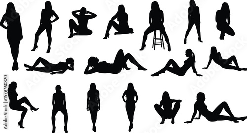 Silhouette set of female poses in various sitting and standing positions, women outline vector illustration on white background, fashion design