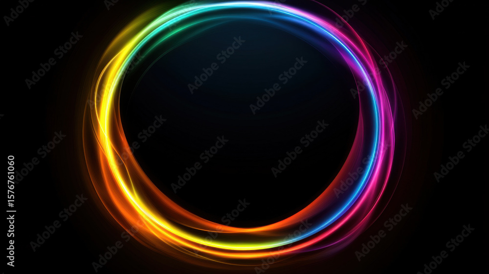 Glowing colorful light ring with vibrant neon hues creating dynamic and energetic abstract design on black background Glowing colorful light ring with vibrant neon hues creating dynamic and energetic abstract design on black background