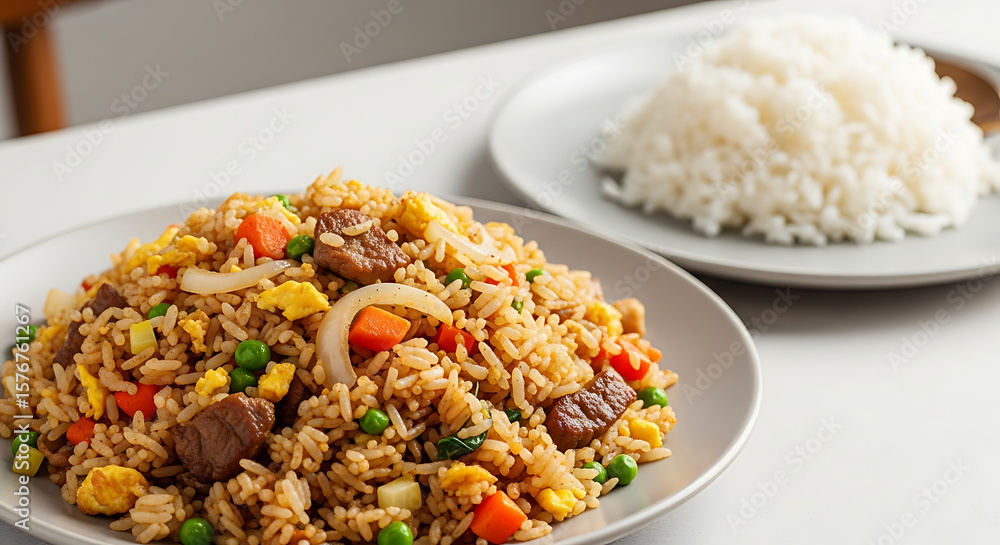 A plate of savory fried rice with meat, vegetables, and eggs, alongside a portion of white rice. A plate of savory fried rice with meat, vegetables, and eggs, alongside a portion of white rice.