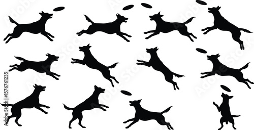 Silhouette of playful dogs jumping, catching frisbee in motion, black pet illustrations for design, sport, agility, and animal themes