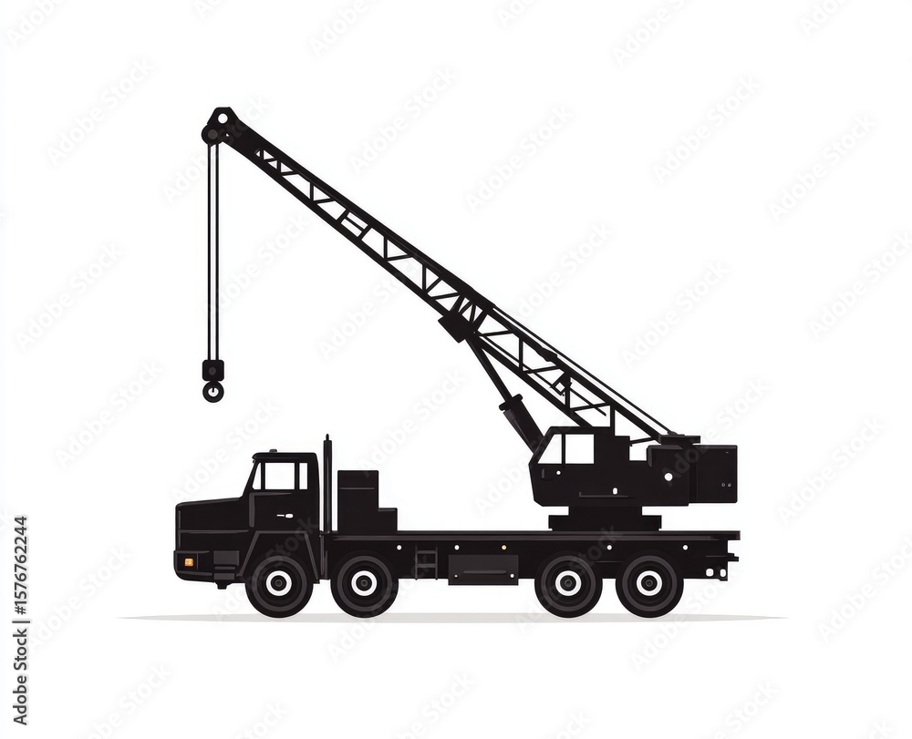 Naklejka premium Black silhouette of a large truck-mounted crane, its boom extended, hook dangling, isolated on a white background