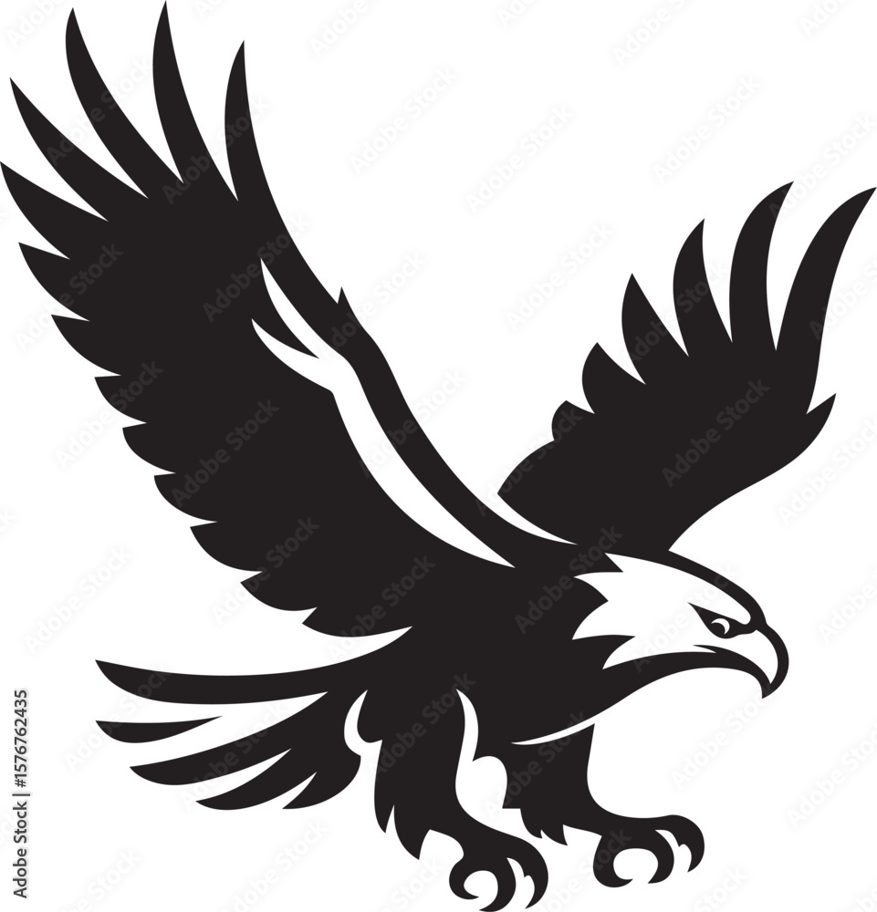 Fototapeta premium Flying eagle silhouette in motion, Bold black and white vector bird of prey