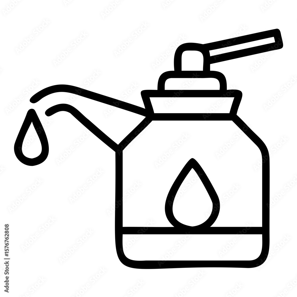 Obraz premium Outline drawing of a machine oiler with a drop of oil, featuring a pump mechanism and reservoir, isolated on white