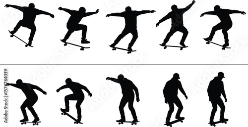 Silhouette collection of skateboarders performing tricks and riding in various dynamic poses, extreme skateboarding sport vector illustration for design
