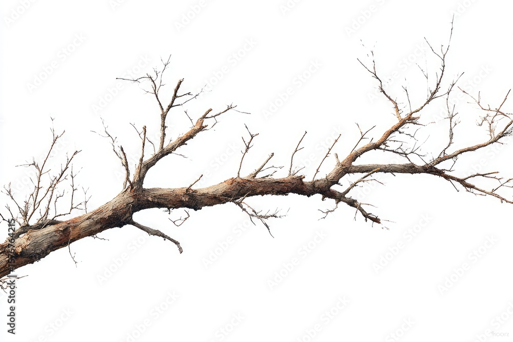 Obraz premium A large, bare, brown tree branch, with many smaller twigs extending from the main branch, isolated on a white background