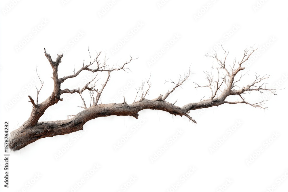 A long, gnarled, bare tree branch with numerous smaller offshoots, isolated on a white background; exhibiting a weathered, brown-gray tone A long, gnarled, bare tree branch with numerous smaller offshoots, isolated on a white background; exhibiting a weathered, brown-gray tone