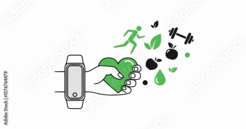 An illustration of a smartwatch with colorful app icons flying out from the screen.