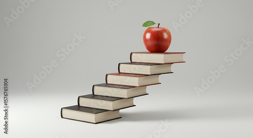 A red apple atop a staircase of books  symbolizing educational growth.