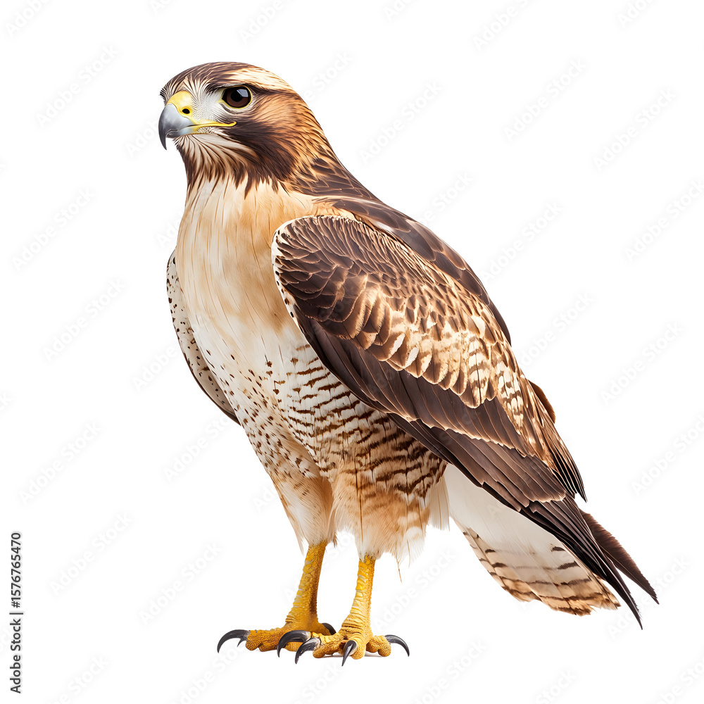 Fototapeta premium Majestic red tailed hawk perched with keen eyesight and sharp talons isolated on transparent background