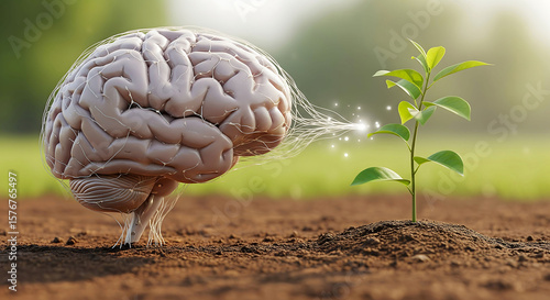 Human brain nurturing a small plant symbolizing growth and development through knowledge and understanding
