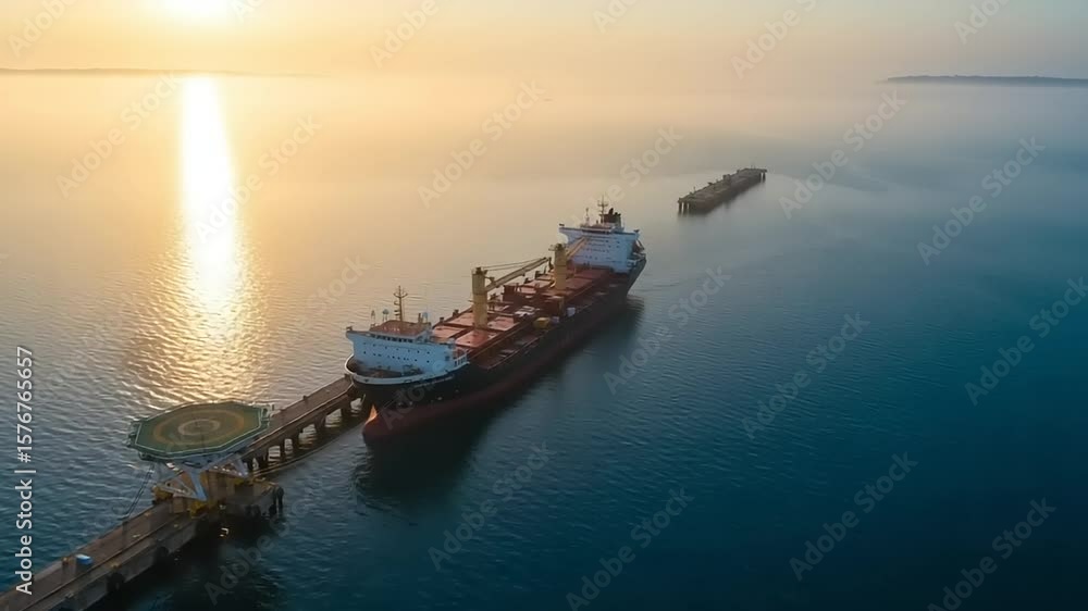 Cargo ship at port during sunrise Cargo ship at port during sunrise