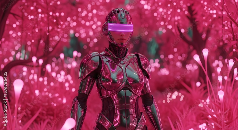 Fototapeta premium Cyberpunk warrior stands in a neon pink forest, blending futuristic technology with a vibrant, surreal natural environment.